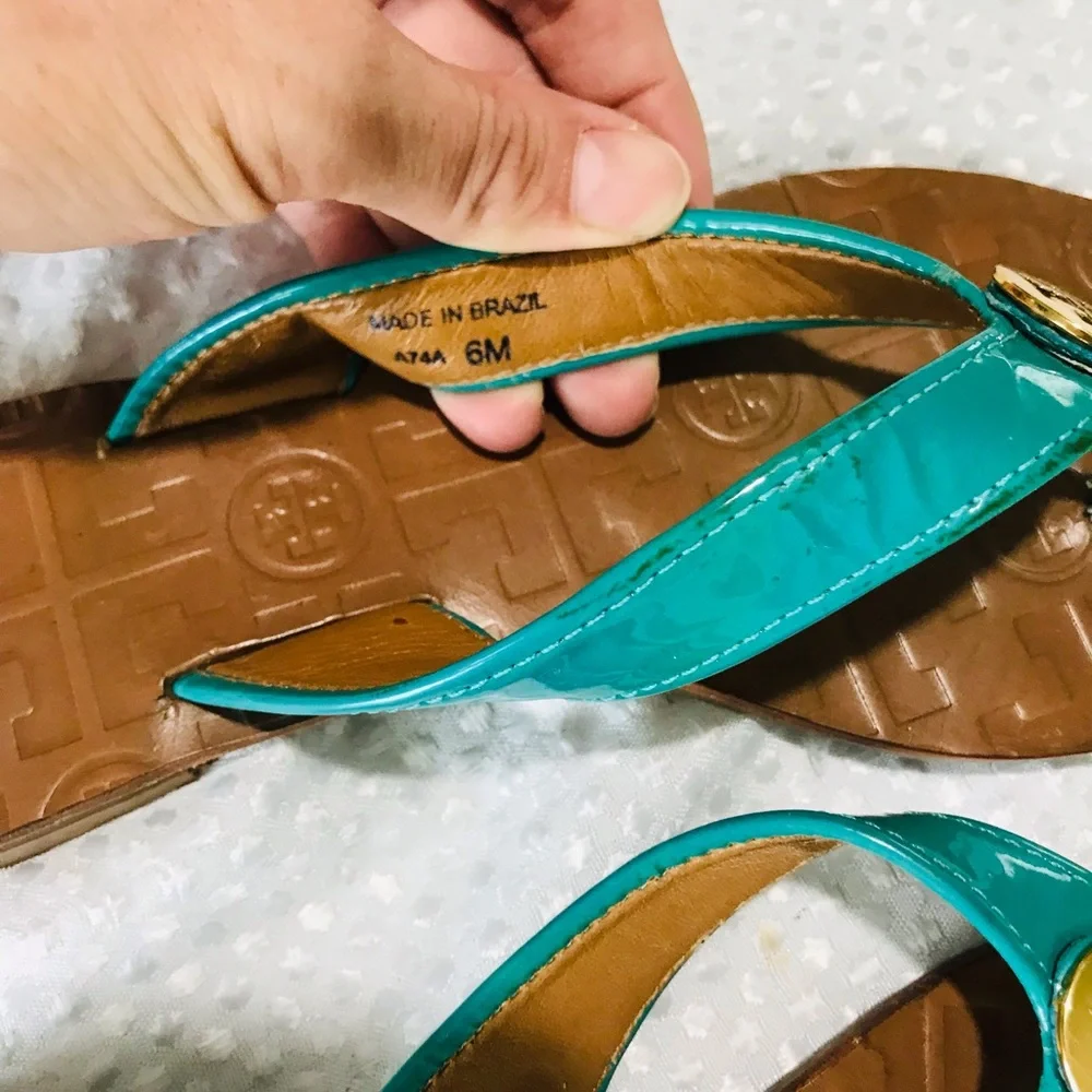 Tory Burch THORA Patent Flip Flops Sandals Shoes-turquoise Aqua Lizard